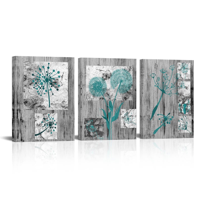 Visual Art Decor Teal Dandelion Flower Painting Rustic Farmhouse Decor Framed Canvas Wall Art Ready to Hang Teal Bathroom Decor 12inchx16inchx3 Pieces - Image 1